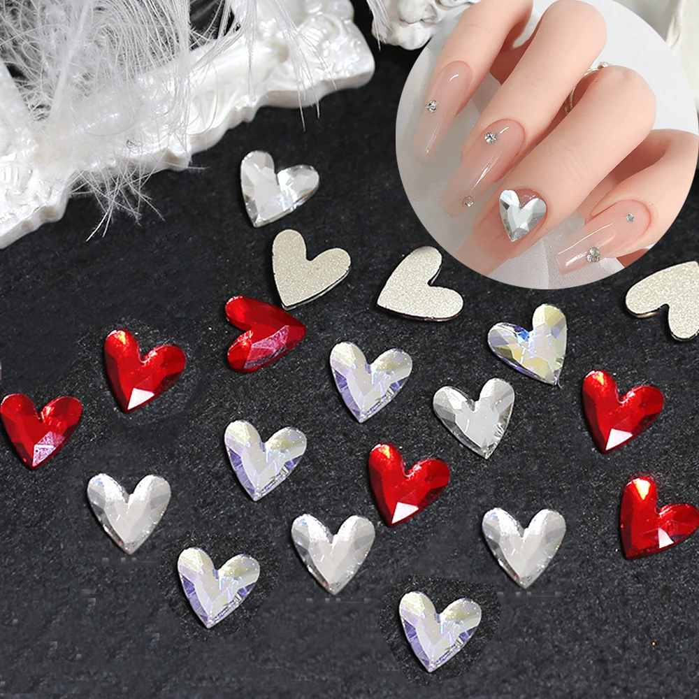 20pcs Kawaii Crystal Heart Nail Art Charm 3D White/Red/AB Aurora Love Nail Rhinestones DIY Kawaii Flatback Nail Accessories