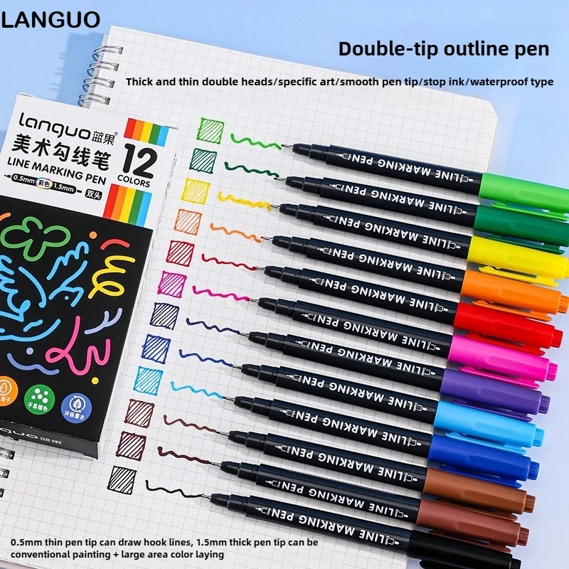 

LANGUO 12 Colors Large Capacity Dual-tip Art Outlining Marker Pens Sketching Oil-proof Waterproof Pen School Supplies Stationery