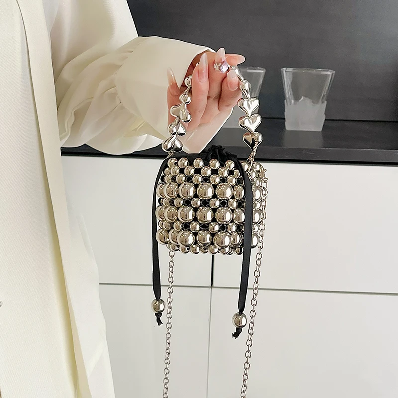 

2025 High End Mini Bucket Bags Women Exquisite Fashion Beading Chains Shoulder Crossbody Bag French Chic Lipstick Bag for Party