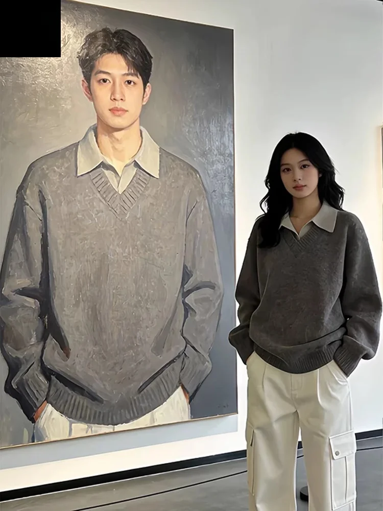 

American Retro Thiened Knitted Sweater Men's Sle Lazy Wealthy Sle Winter Casual Wear V-Ne Long Sve Warm Clothes