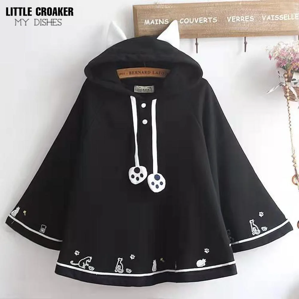 Lolita Cloak Harajuku Hoody Cloak Japanese Christmas Women Sweetshirts Fleece Cape Loose Pullover Batwing Sleeve Hoodie Coat