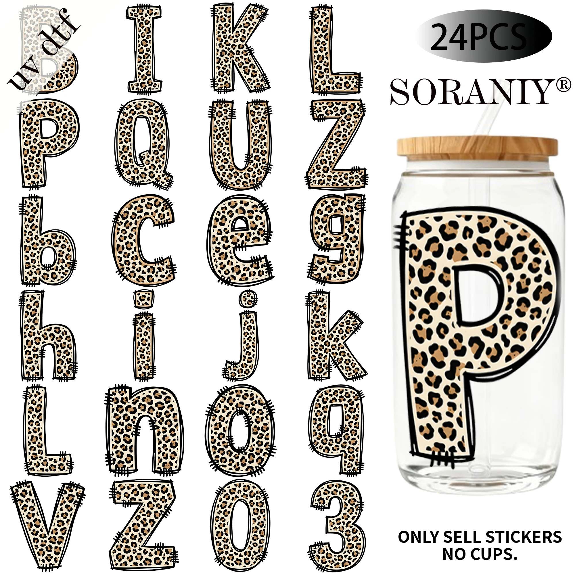 24PCS/Set Cheetah Print Alpha Doodle Alphabet Themed UV DTF 16OZ DIY Transfer Paper Sticker