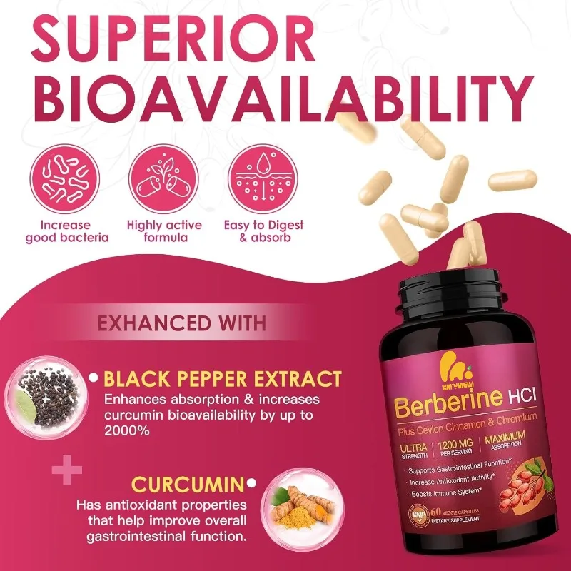 Berberine Hydrochloride 1200mg Contains Ceylon Cinnamon, Chromium -supports Immunity and Intestinal Health, Non GMO, 60 Capsules