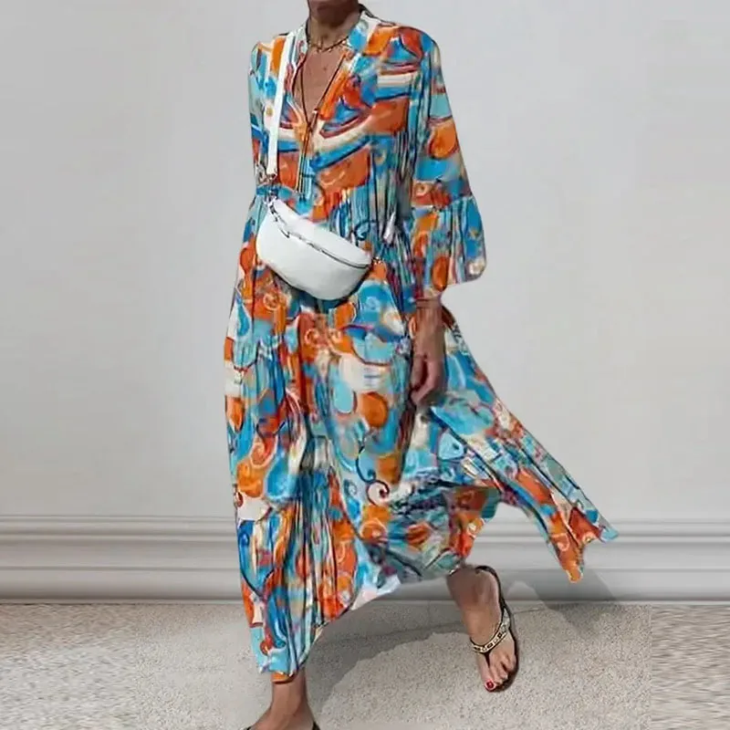 

New Spring Autumn Women V-Neck Floral Printed Party Dress 2023 Fashion Casual Holiday Beach Dress Retro Lady Loose A Line Dress