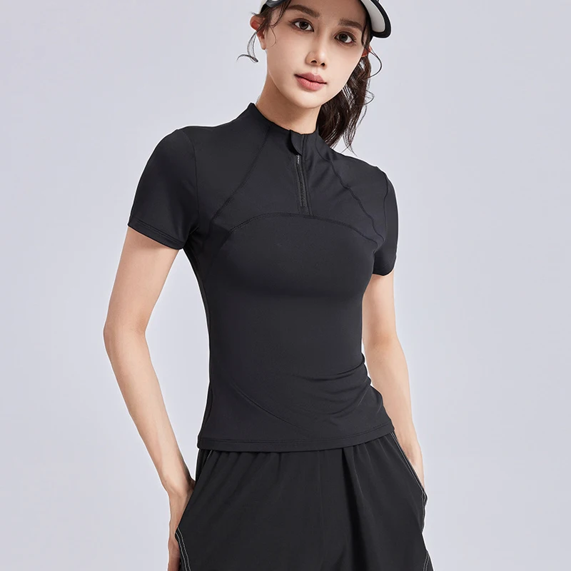 New Outdoor Women's Running Yoga Suit Short-sleeved T-shirt Women's Slimming Top Fitness Suit with Half Zip Collar Y2k Top