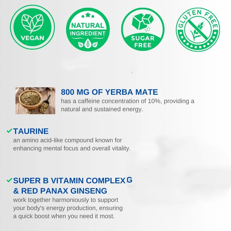 Yerba Mate, Taurine capsules - caffeine and energy supplements * enhanced ginseng, vitamin B complex, L-arginine -60 capsules