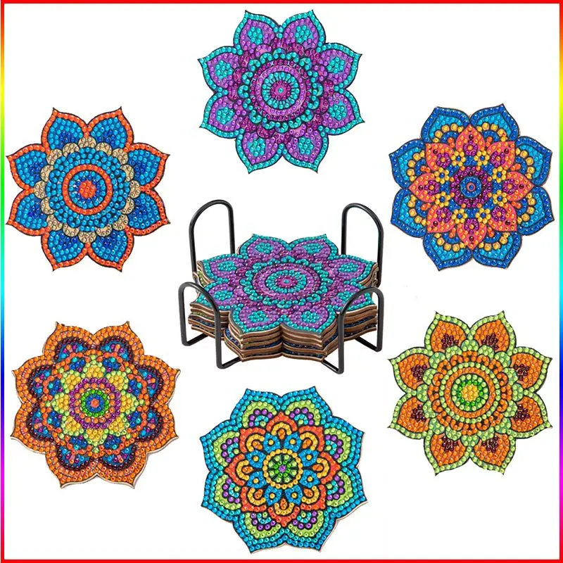 

CHENISTORY 6pcs Diamond Coasters With Holder Mandala Flowers Coaster Drink Cup Cushion Diamond Embroidery Kit For Kid Handicraft