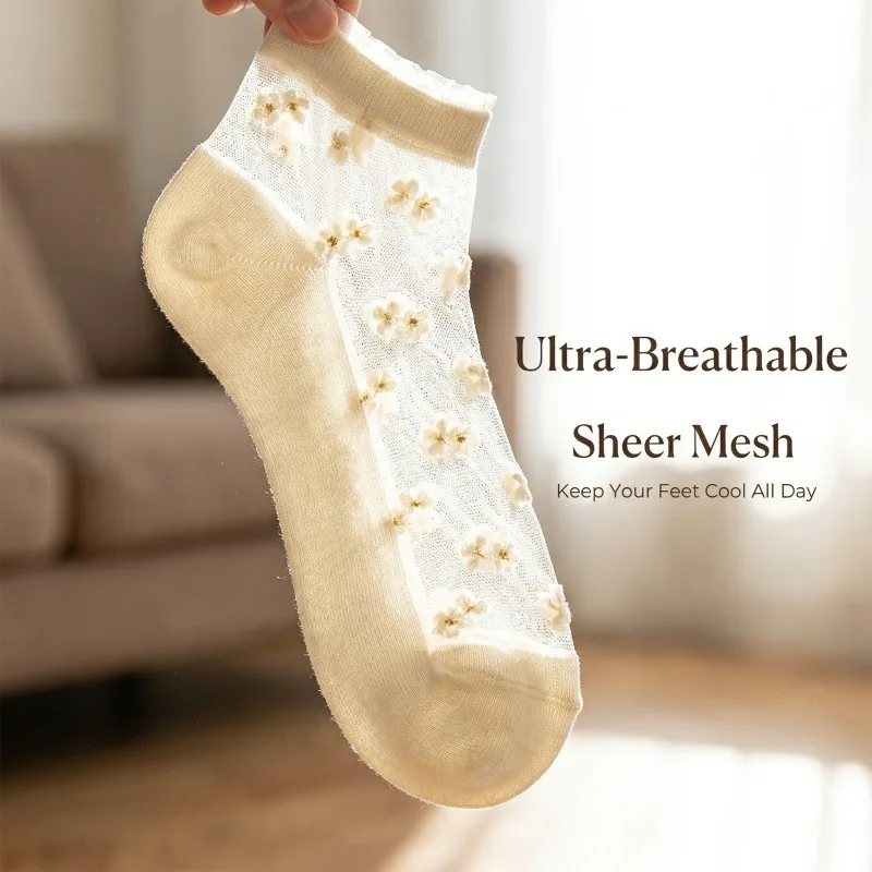 Vintage Lace Mesh Ankle Socks for Women, Breathable Floral Embroidered Cotton Socks for Summer Daily Wear Half Socks for Ladies image 4