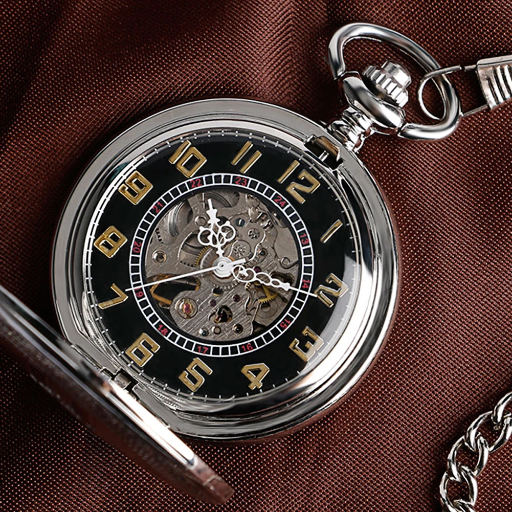 Men's Vintage Automatic Mechanical Pocket Watch Silver Fob Chain Retro Pendant Clock Arabic Numerals Dial Timepiece