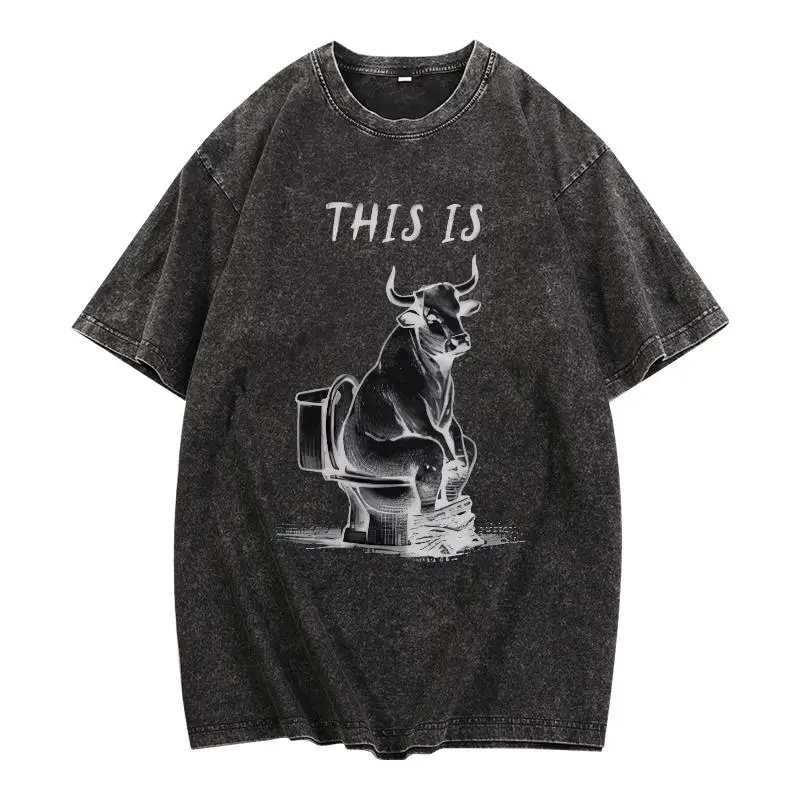 

Washed Tee With "THIS IS" Text And Bull - On - Toilet Graphic, Short - Sleeved