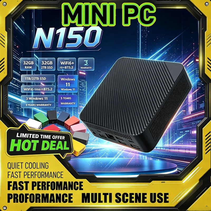 Intel N150 Mini PC 16GB RAM 2TB HDD WiFi6 BT5.2 4K HD Windows 11 13-Color Options Portable Gaming Desktop for Office And Study