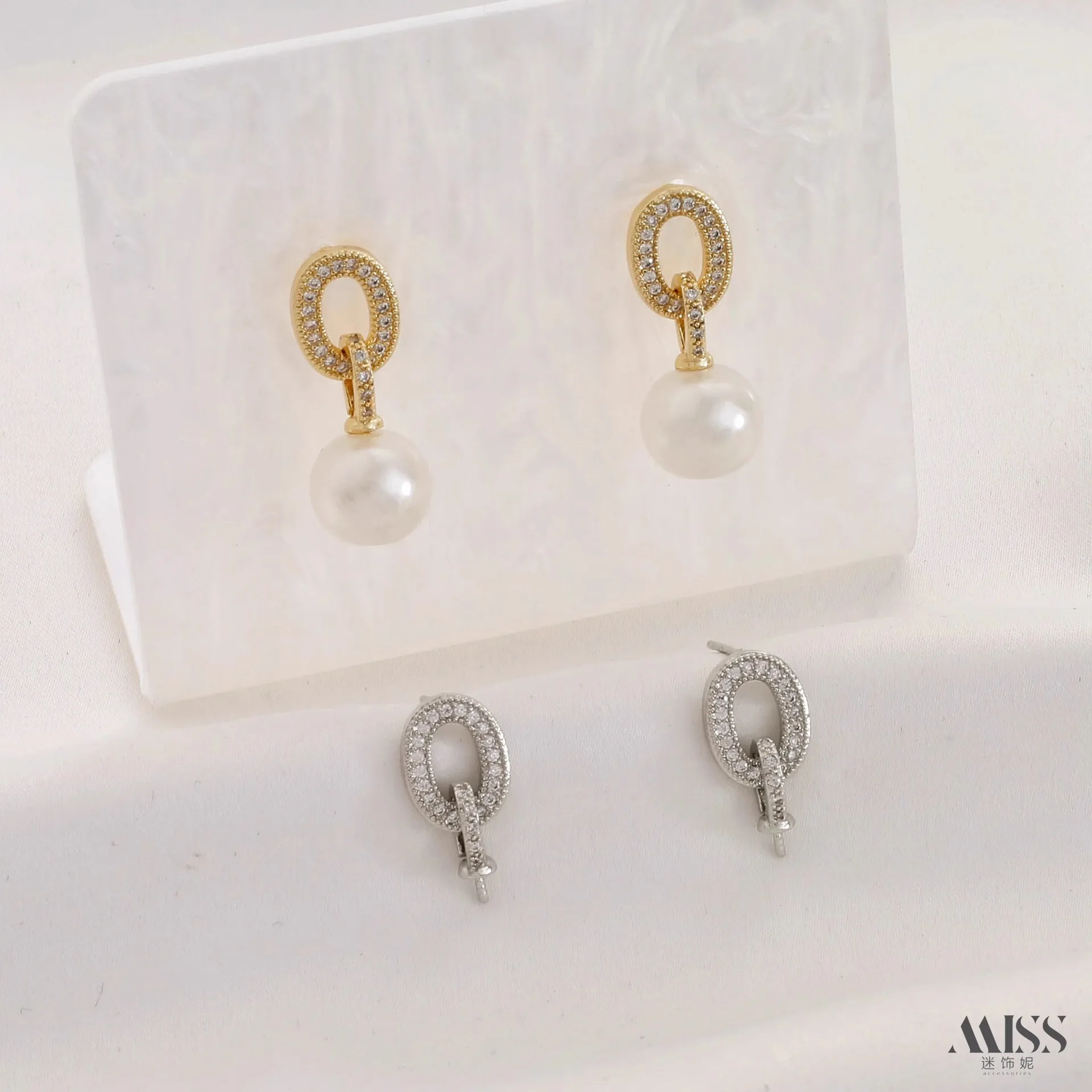 14K Gold Plated O-shaped Oval Full Zircon Inlaid Stud Earrings, DIY Handmade Pearl Earring Accessories