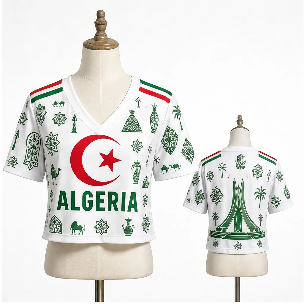 Womens V Neck Cropped Tee Algeria Icon Print Graphic Short Sleeve Summer Casual Top With Cultural Back Artwork Trendy Streetwear