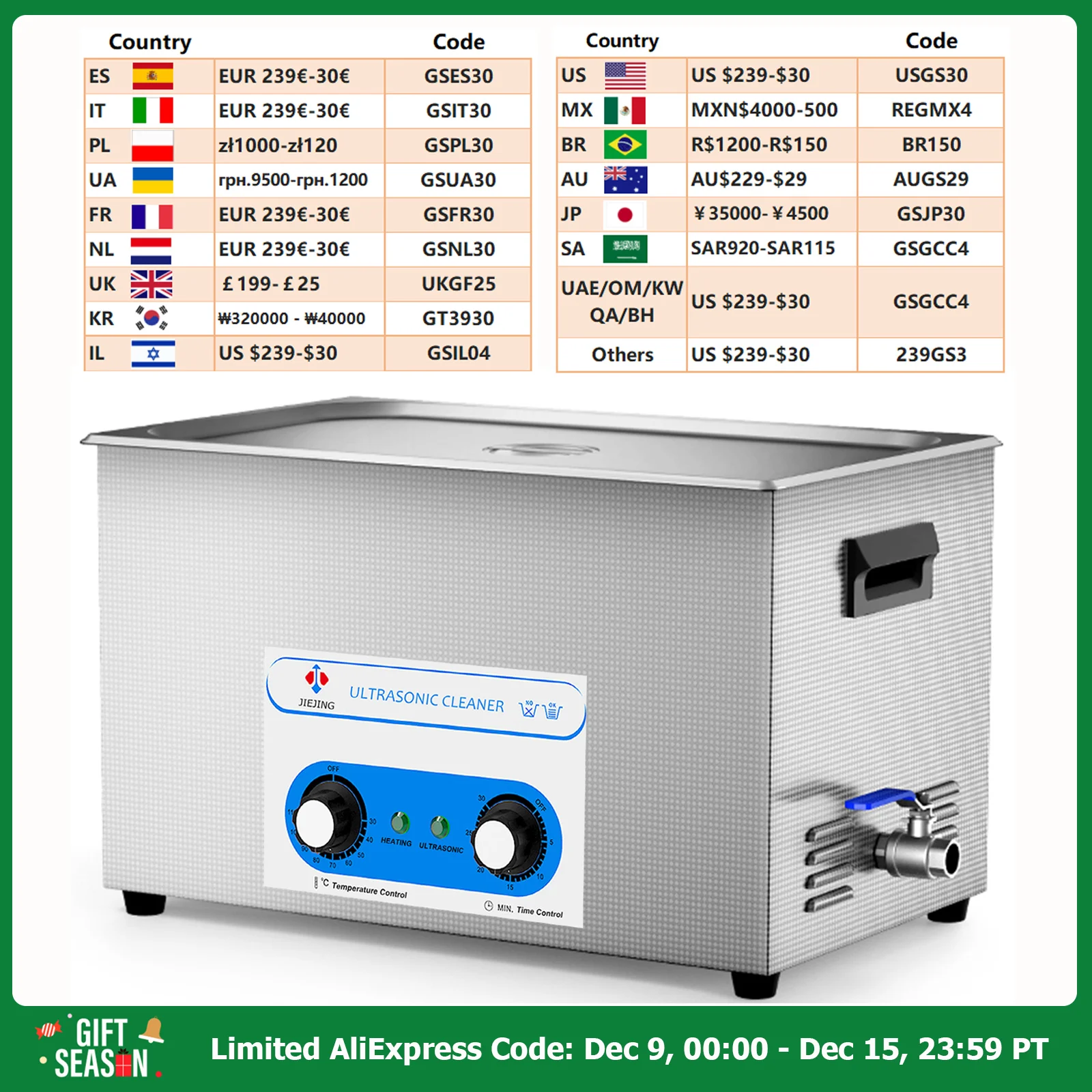 JIEJING 30L Large Ultrasonic Cleaning Machine 40kHz Ultra Sonic Cleaner Ultrasound Tub for Glasses Carburetor Jewelry