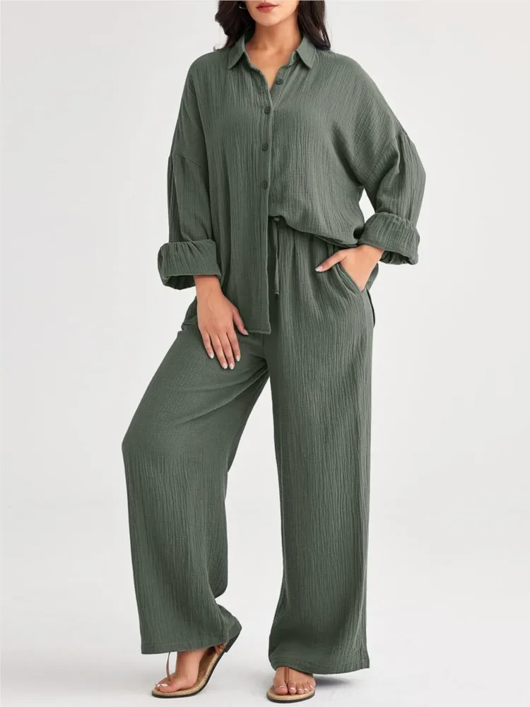 

Spring And Autumn New Fashion Cotton And Linen Loose Two-piece Sets 2025 Women's Casual Buttons Shirt + Wide-leg Pants Set Suit