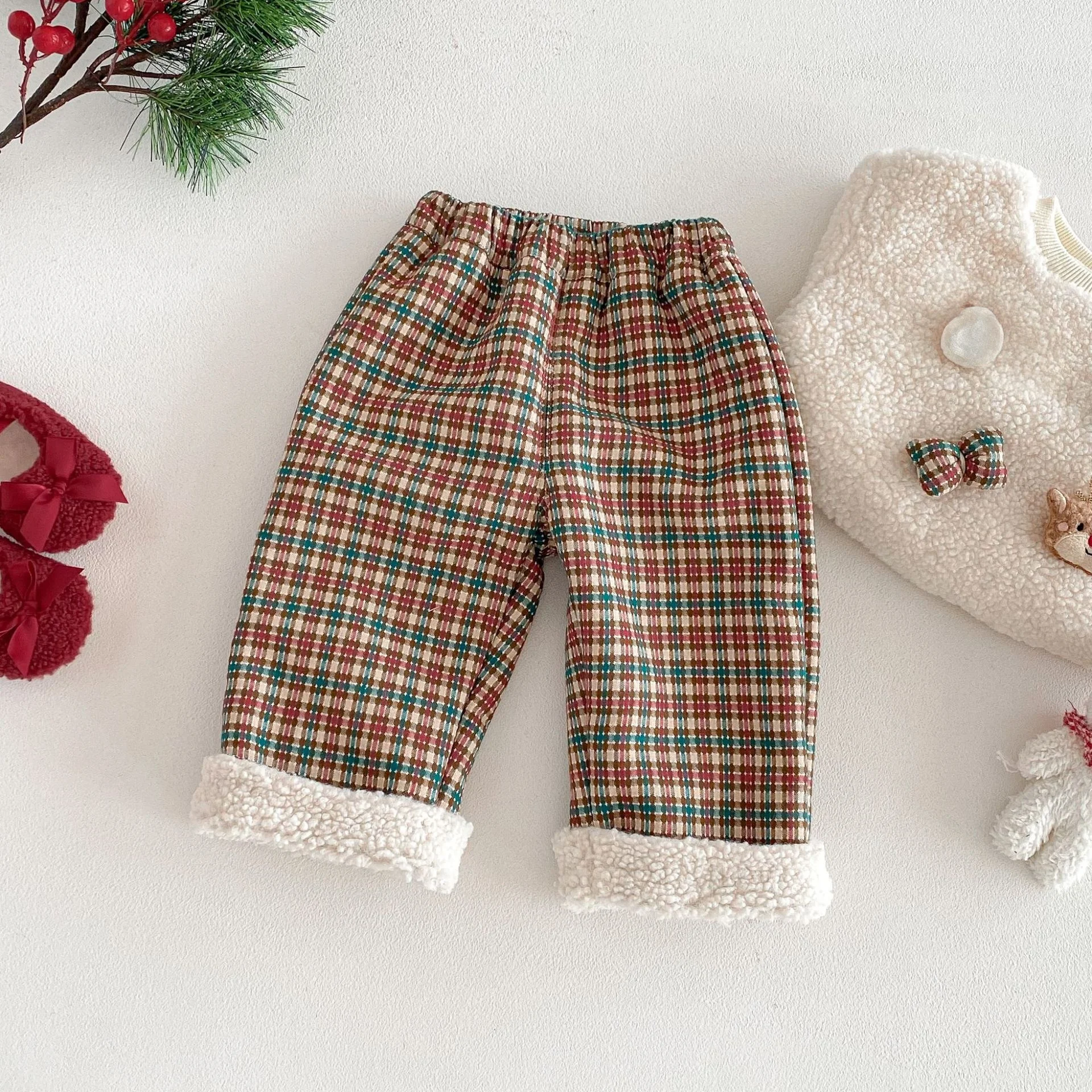 جديد الاطفال صوف مبطن السراويل 0-5Y الفتيات الفتيان الدافئة الملونة منقوشة مكبل عارضة أنيق فحص السراويل الشتاء الأطفال قيعان