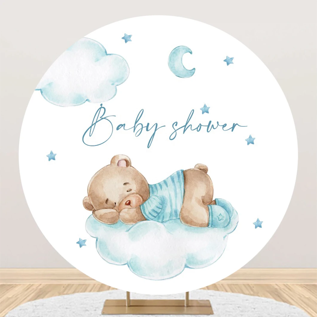 Newborn Baby Shower Bear Round Backdrop for Cover Hot Air Balloon We Can Bearly Wait Kids Birthday Circle Photography Background