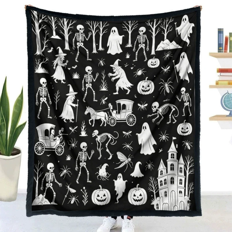 Black White Forest Spooky Pattern Blanket Cozy Fleece Blanket With Pumpkin Haunted House Horse Carriage