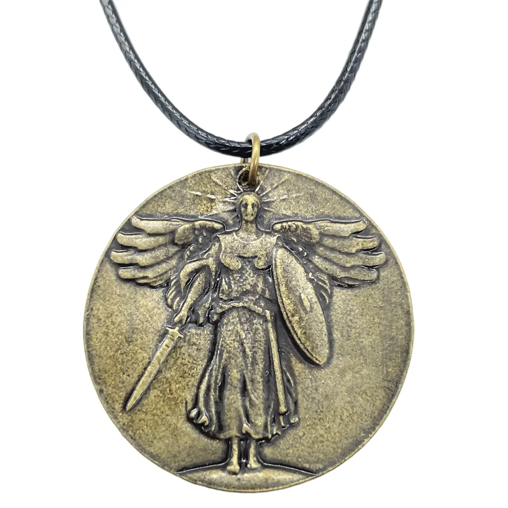 Retro Archangel With Sword And Shield Pendant Vintage Necklace Different Countries Names On Back