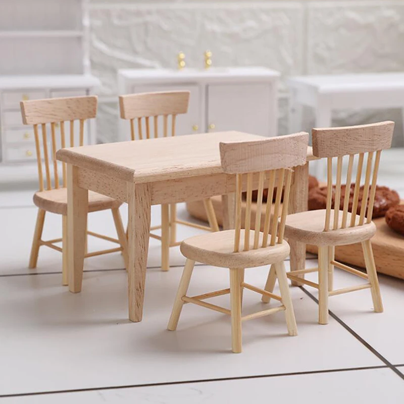 1/12 Miniature Dollhouse Furniture Wooden Dining Table Chair Simulation Toy