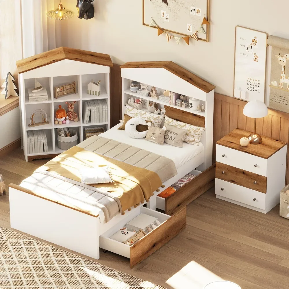 

3-piece Set, House Shaped Wooden Bed with Storage Drawers,Bedside Table with Color Block Design, and House Shaped Clothes Hanger