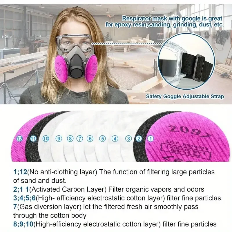 6200 2097 Filterbrille Halbgesichts-Atemschutzmaske Wiederverwendbare Maske für Epoxidstaub Farbe Organische Dämpfe Schweißen Holzarbeiten – Detail 3