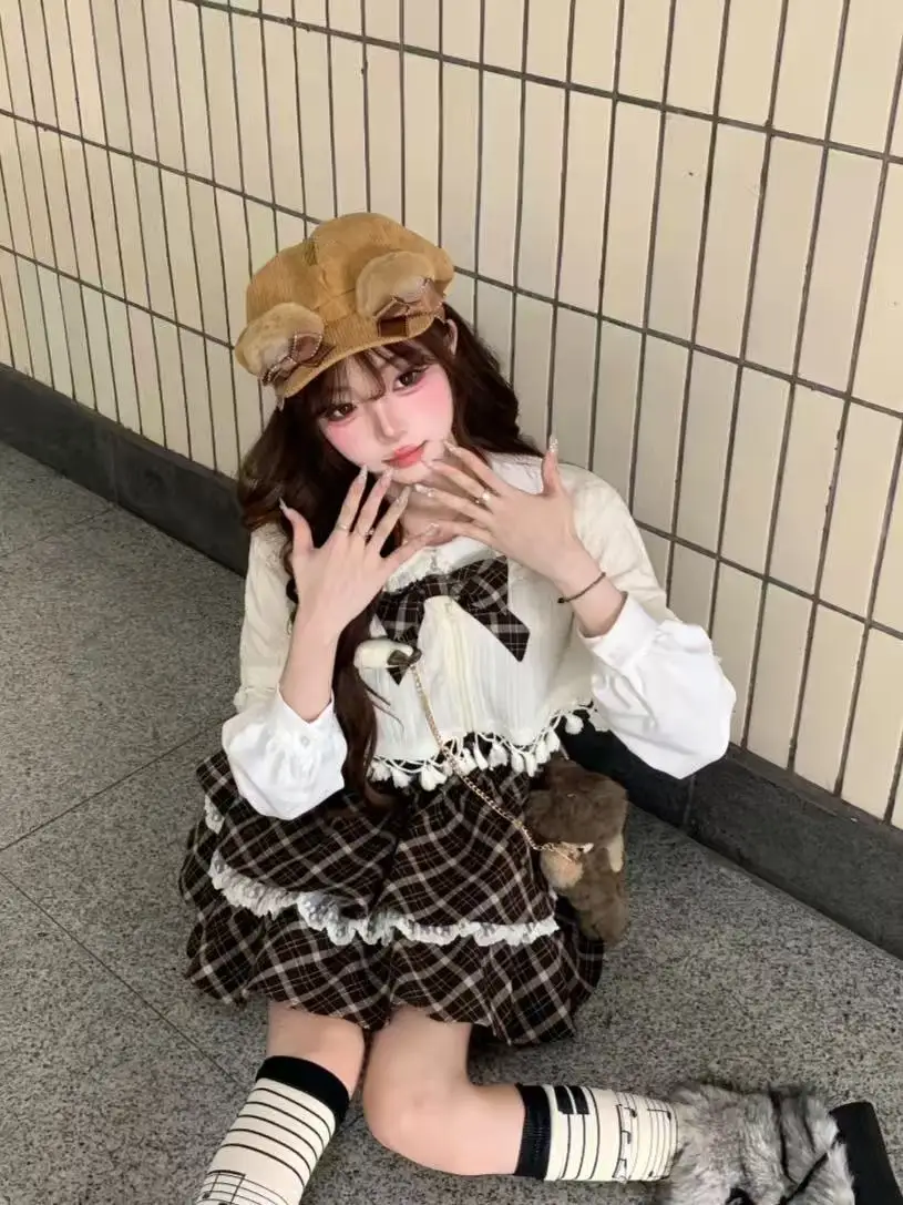 Autumn Sweet Japanese Lovely 2 Piece Set Women Bow Cloak Coat Plaid Stitching Fluffy Dress Harajuku Fashion Fairy Outfits 2025
