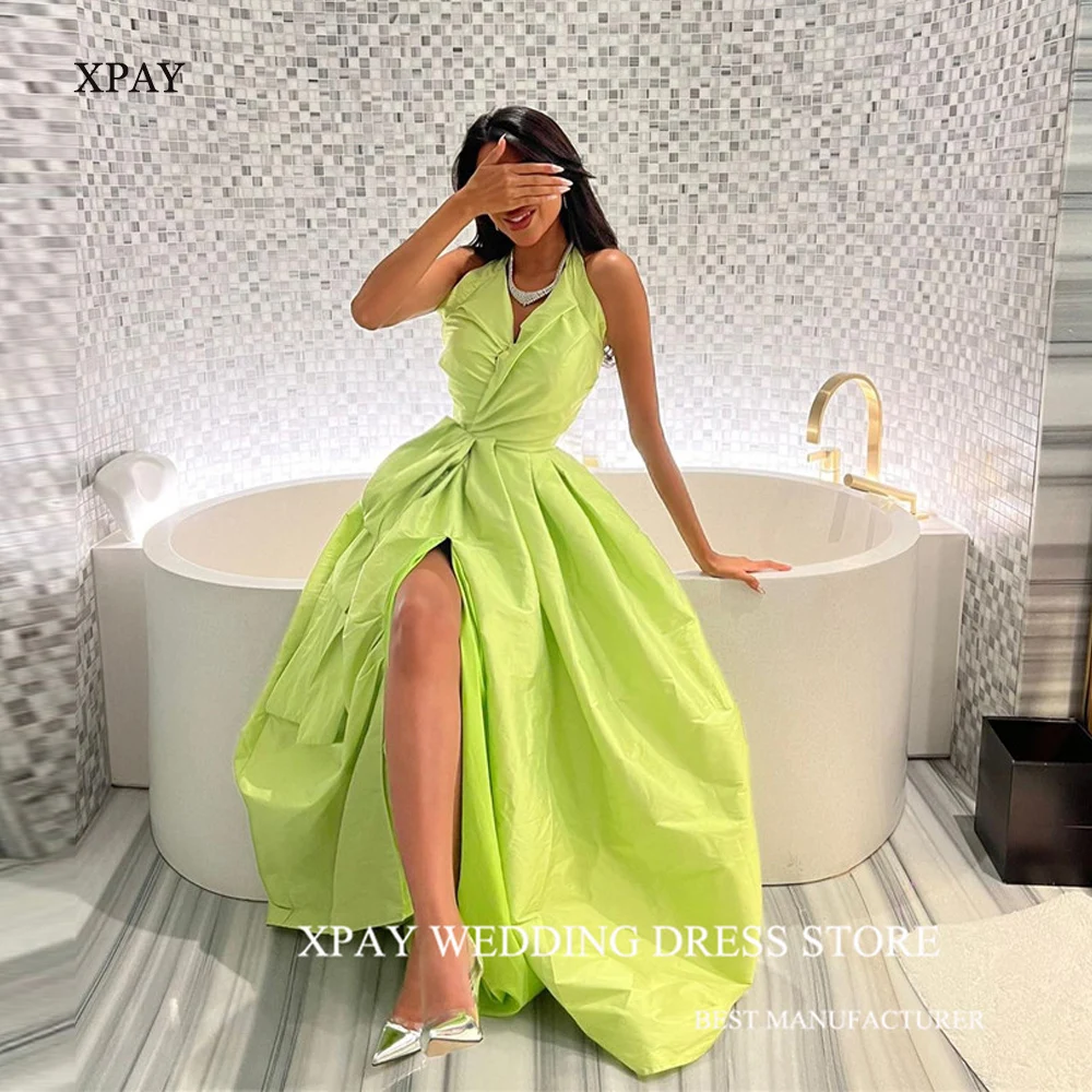 

XPAY Bright Light Green Saudi Arabic Women Evening Dresses V Neck Taffeta Split Formal Party Gowns Prom Occasion Dress Long