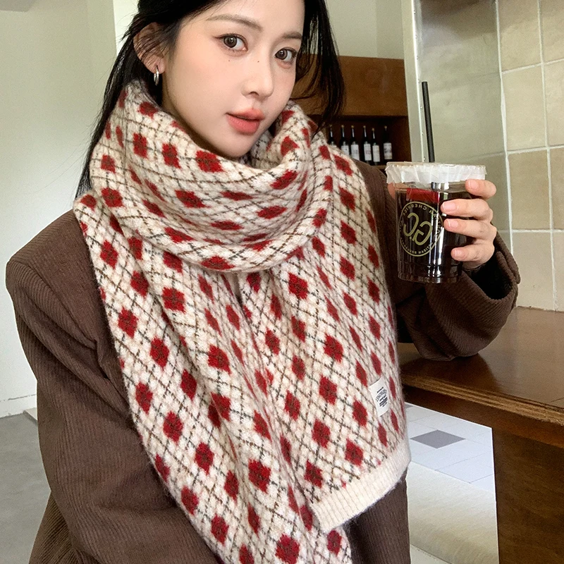 

Американский ретро студенческий стиль клетчатый вязаный шарф женский зимний студенческий толстый универсальный теплый шарф для шеи