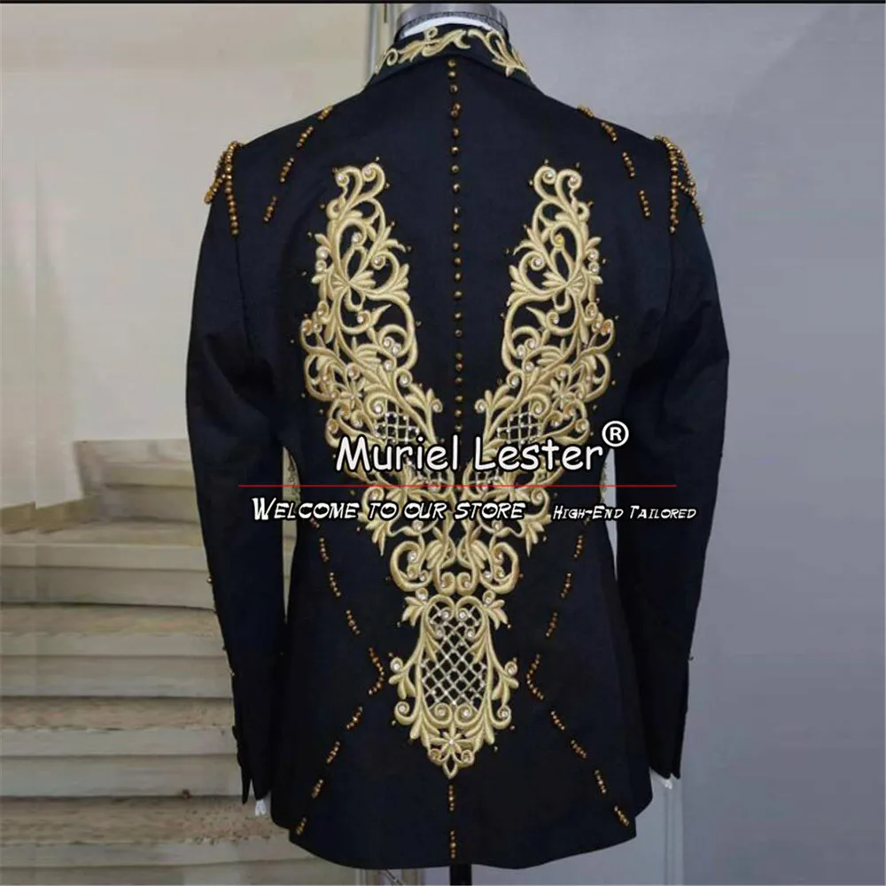 Black Wedding Men's Suit Gold Embroidered Decals 3-Pieces Tailor-Made Groom Tuxedos Formal Prom Dinner Occasions Male Clothing