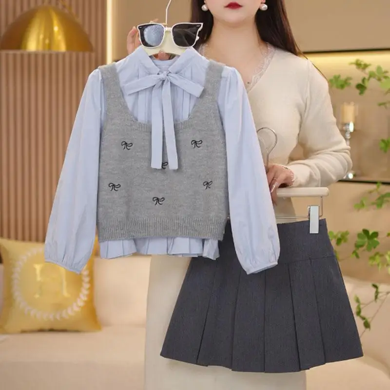 

autumn girls school uniform teen Jk clothes set Bow knitted vest+Ribbon shirt+Pleated skirt 3pcs junior kids suit child outfits