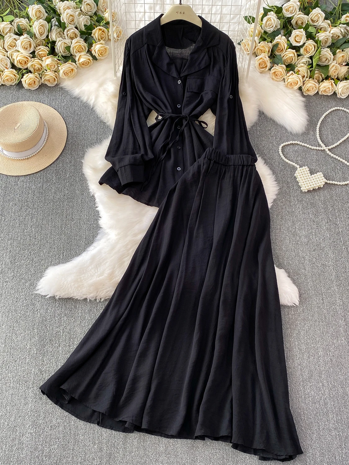 SuperAen Fashion Oversize Women Autumn New Casual Lace-up Waist Notched Long-sleeved Shirt High-waisted Long Skirt Sets