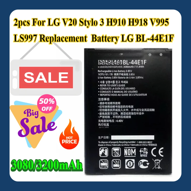 

2pcs For LG V20 Stylo 3 H910 H918 V995 LS997 Replacement Battery LG BL-44E1F