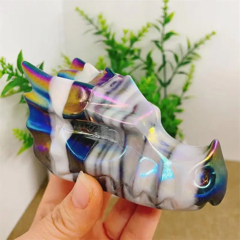 10.6CM Natural Aura Quartz Taichi Stone Dragon Skull Carving Head Animal Statue Faucet For Room Decoration Holiday Gifts 1pcs