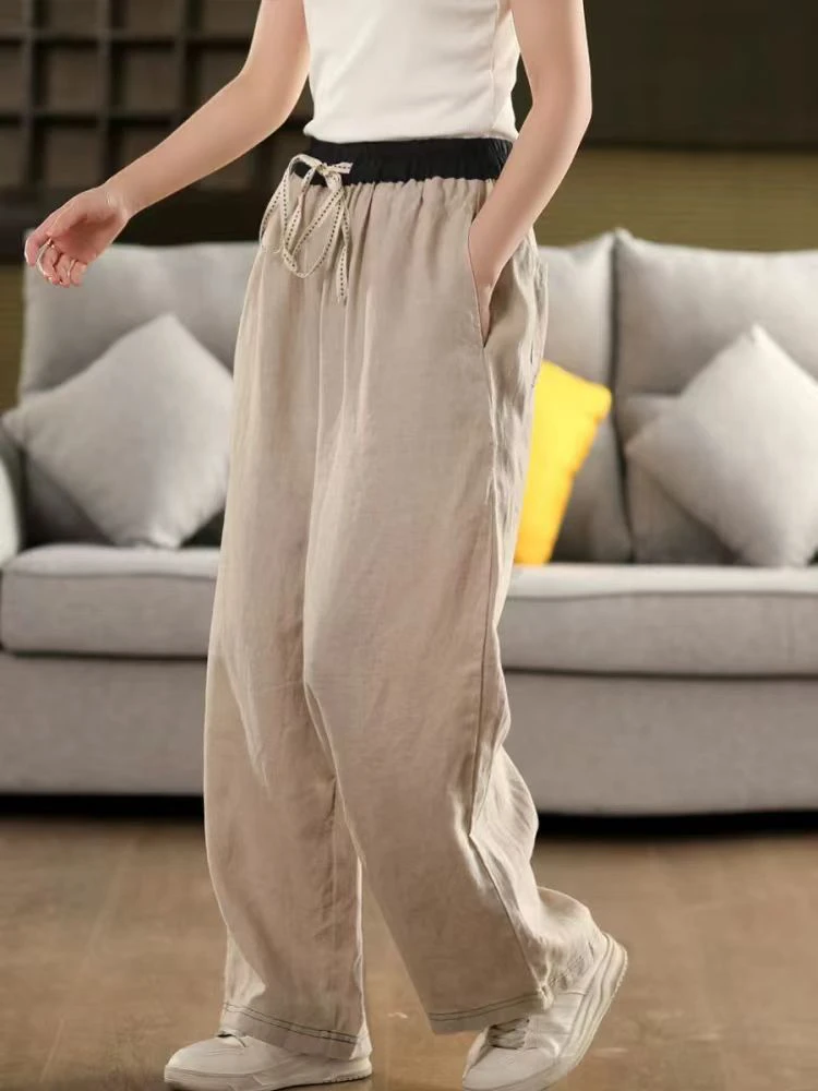 

100% Linen Women Casual Trousers New Arrival 2025 Spring Vintage Style Plain Color Loose Female High Waist Straight Pants M1592