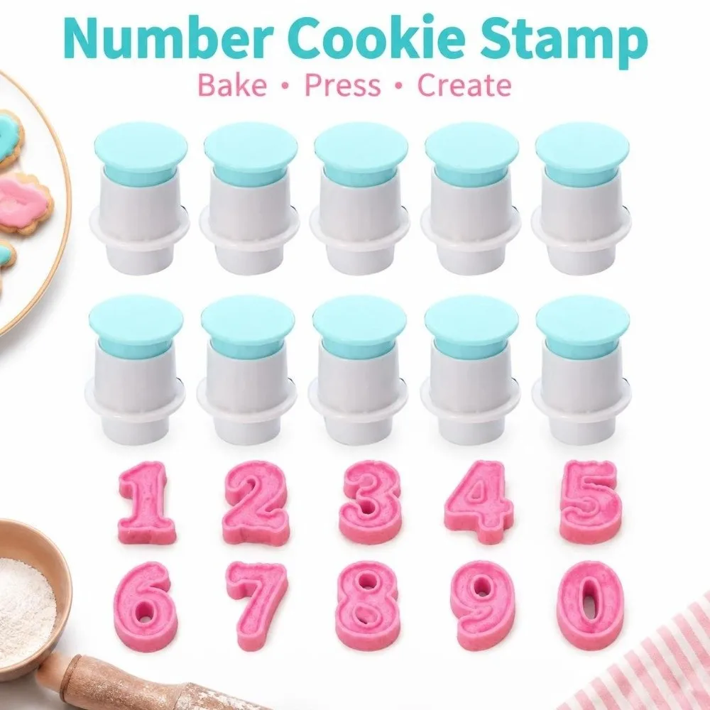 10PCS Food Grade Plastic Number Plunger Cutter Set Spring Plunger Easy To Clean Fondant Stamper Mold Direct Embossing