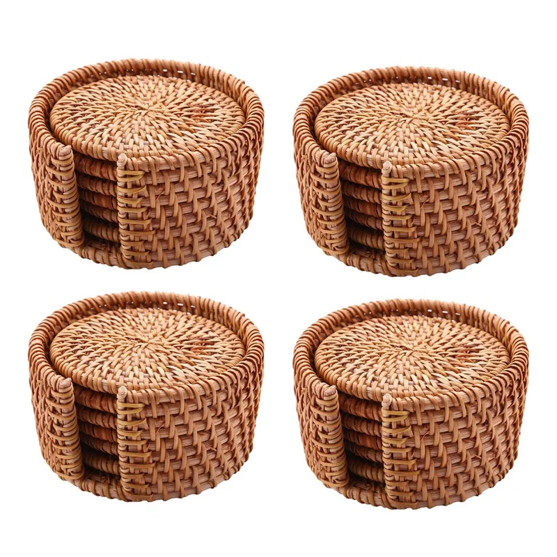 

24Pcs/ Drink Coasters Set For Kungfu Tea Accessories Round Tableware Placemat Dish Mat Rattan Weave Cup Mat 8Cm