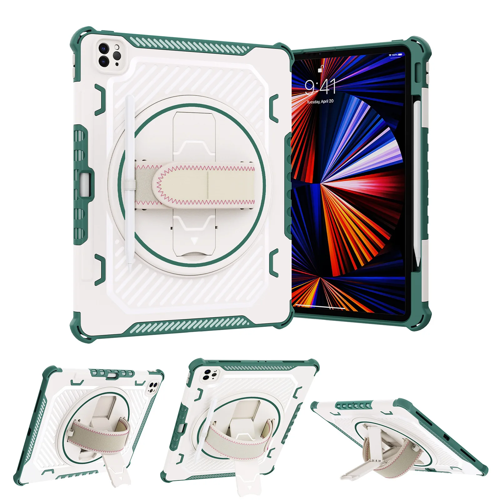 

Противоударный защитный чехол-броня для планшетов iPad Pro 13 M5, 12.9, Air 4, 5, 10-го поколения, A16, 10.9 с подставкой и поворотным ремешком на руку