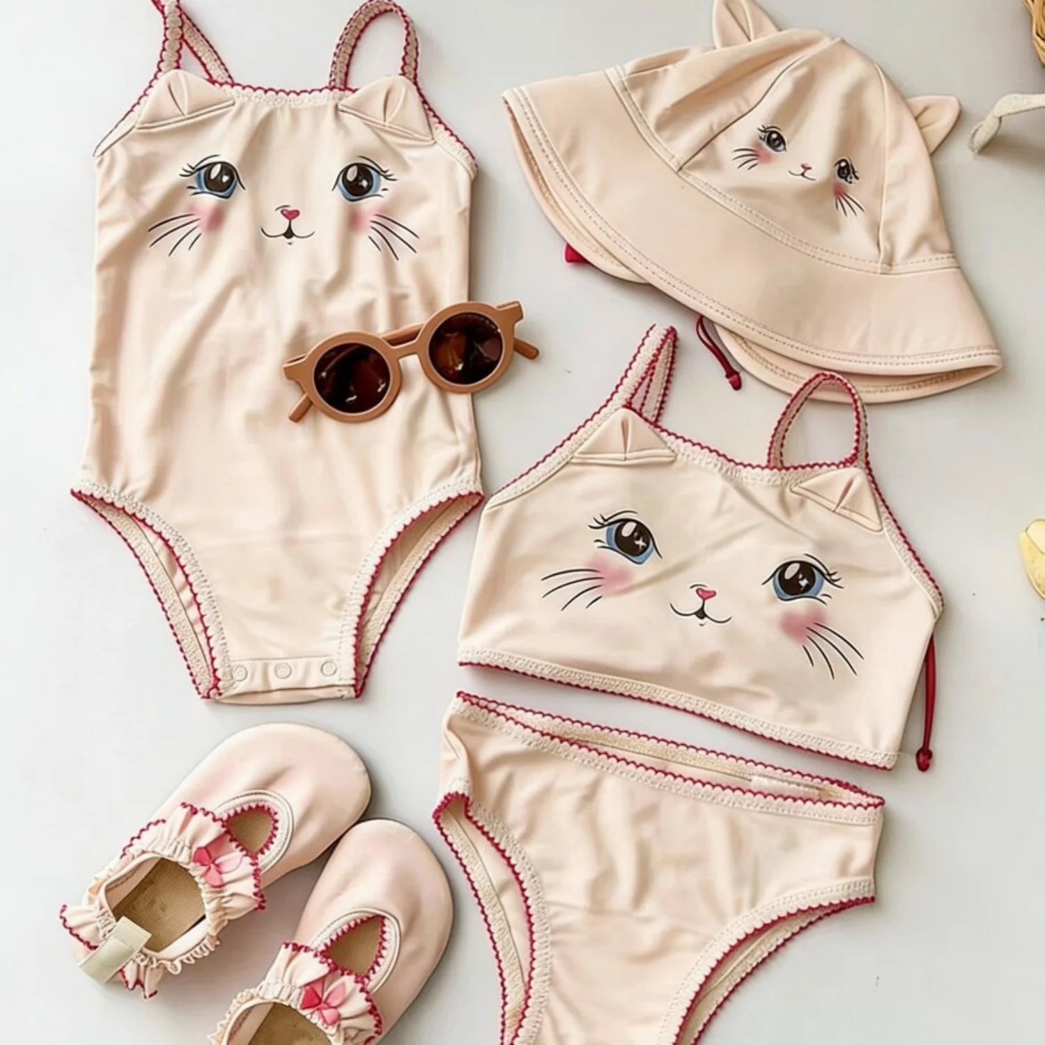 Kids Swimsuit 2026 New Arrival Summer Swimwear Girls Lace Cute Cat Face Print Beach Wear Princess Swimsuit One Piece Bikinis Set
