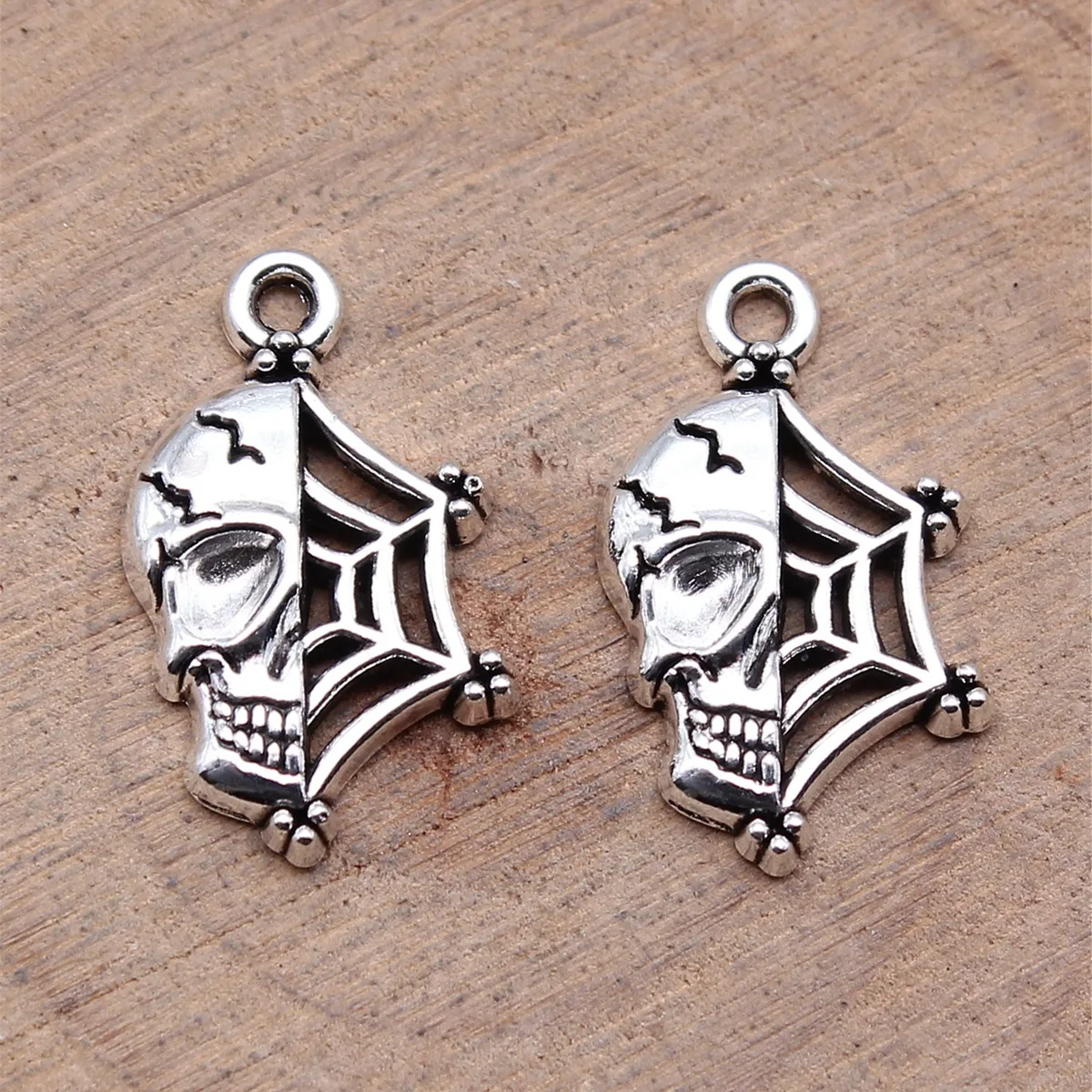 20Pcs Charms Halloween Skull Skeleton Spider Cobweb 19x11mm Antique Silver Color Pendants Making DIY Handmade Tibetan Finding