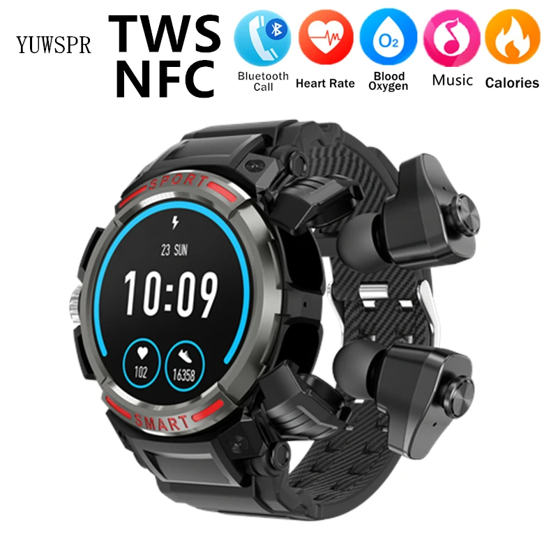 Smart Watch TWS Bluetooth Earphone Headset MP3 128MB Local Music Door NFC Dial Call Earbuds Sport Smartwatch Clock for Men GT100