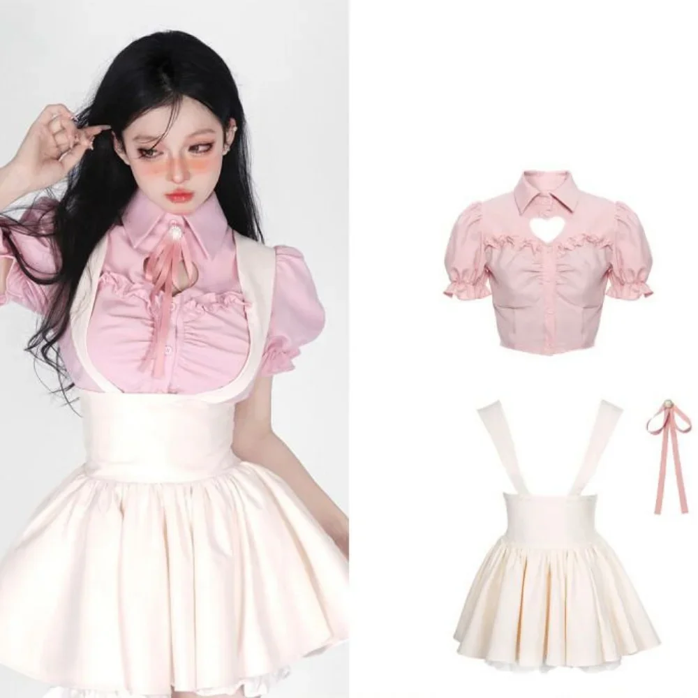 Summer Cute Girl Kawaii Two-piece Women Korean Stlye Elegant Pink Puffed Sleeves Heart Hollow Shirt + Black Suspender Mini Skirt