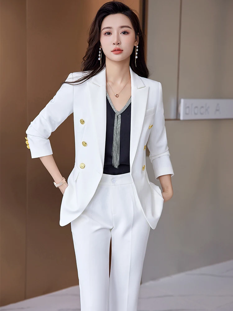 White Black Pink Office Ladies Pant Suit Women Female Button Decoration Blazer And Trouser Formal Business Work Wear 2 Piece Set