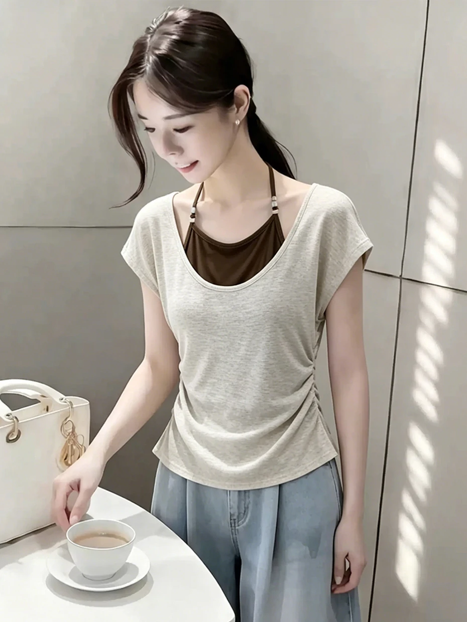 

Summer Short Sleeve Knitted Top Women's Collar Hanging Neck Color Block Design Slimming Short Style Korean Version T-shirt
