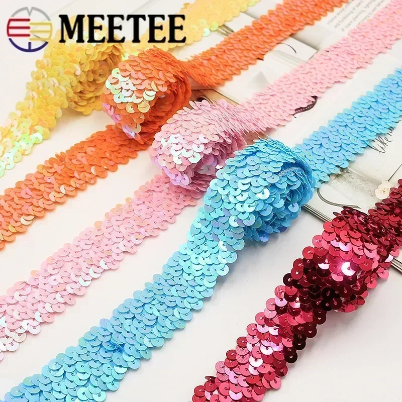 5/10Meters 30mm Sequin Elastic Band Lace Ribbon Stretch Laces Trim Fabric for DIY Latin Dance Dress Curtain Sewing Accessories