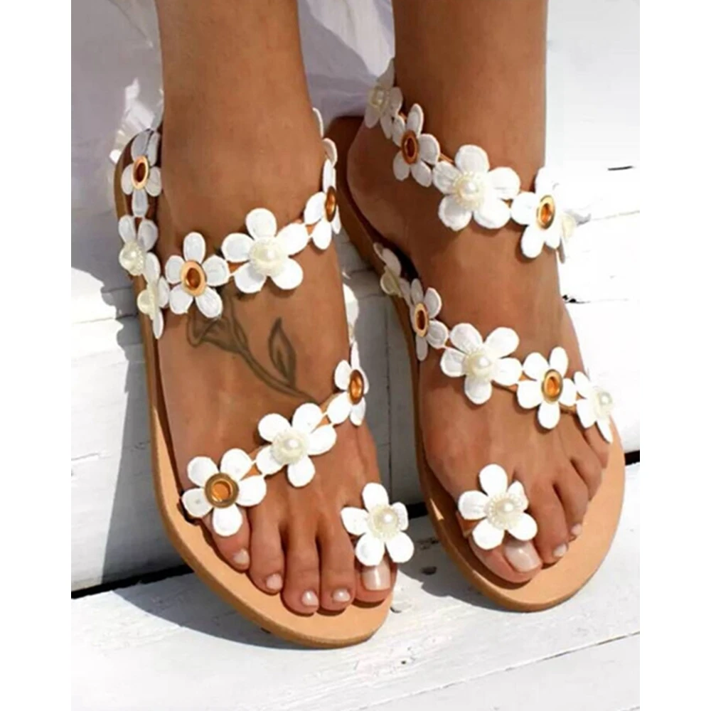 

Fashion Women Floral Beaded Slingback Toe Post Sandals Lady Summer Casual Going Out Sandals Flats Ankle Buckle Shoes Party