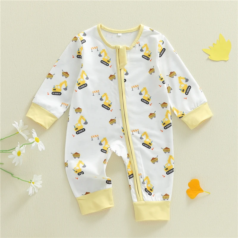 Baby Boys Autumn Oblique Zipper Jumpsuit Long Sleeve Crewneck Excavator Print Romper Newborn Infant Spring Clothes