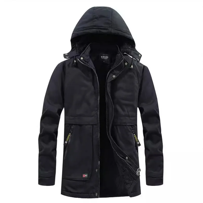 Fleece trench coat, mid-length men's overcoat for middle-aged and elderly people, thickened washed cotton work jacket for men