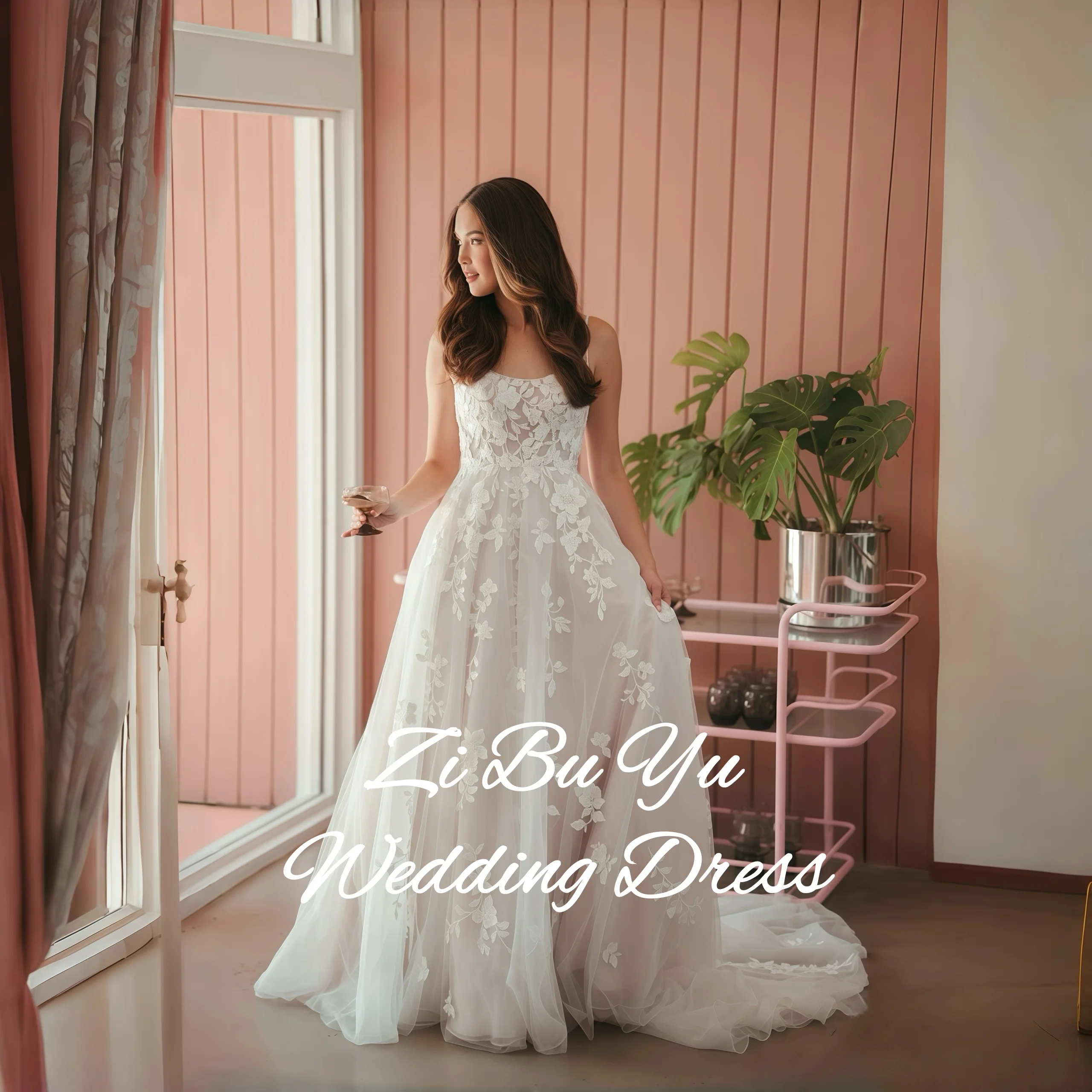 

ZIBUYU Customized Romantic Wedding Dress Spaghetti Strap Sweetheart Neckline Floral Lace Applique Tulle A-Line Train Bridal Gown