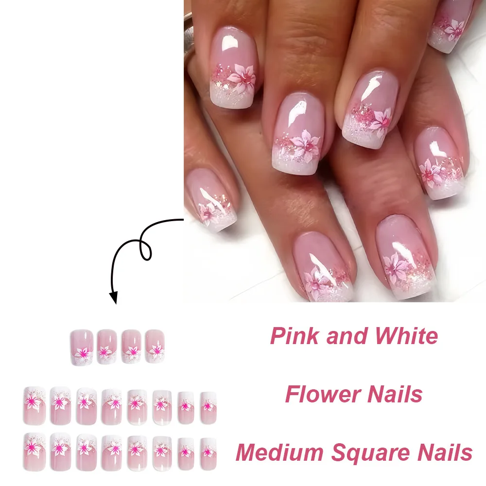 24 Pcs Glitter Pink Floral Press on Nails Girls Charms Fake Nails Set Self-nail Removable Short Square False Nails with Glue